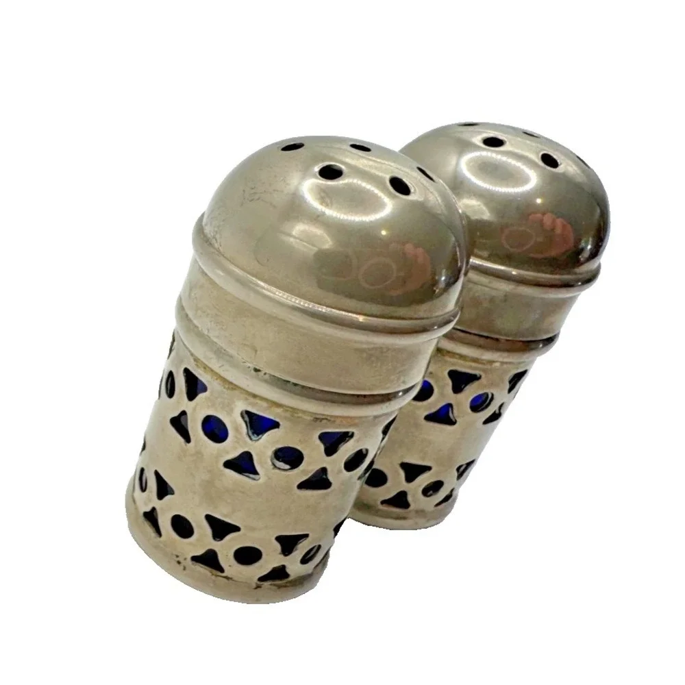 Vintage EPNS Made in England‎ Cobalt Blue Glass Salt and Pepper Shakers Set